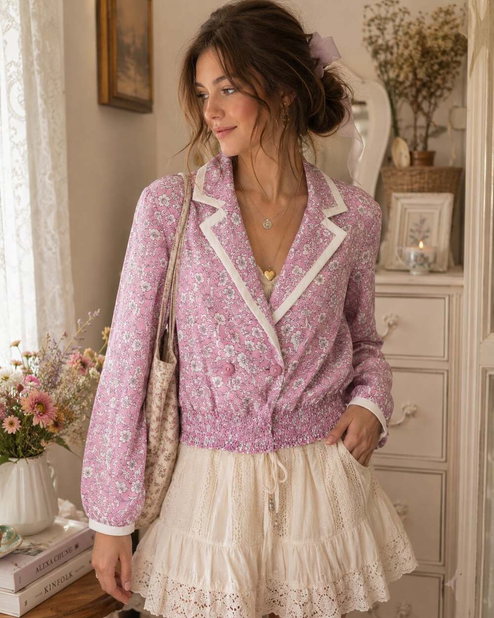 Vintage Andrea Gayle Pink Floral Smocked Waist Coquette Cottagecore Jacket 12P